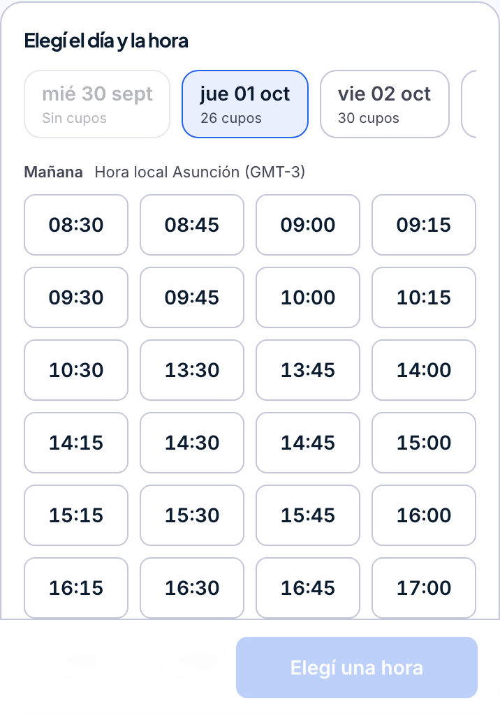 Reserva online en un paso con días y horas disponibles
